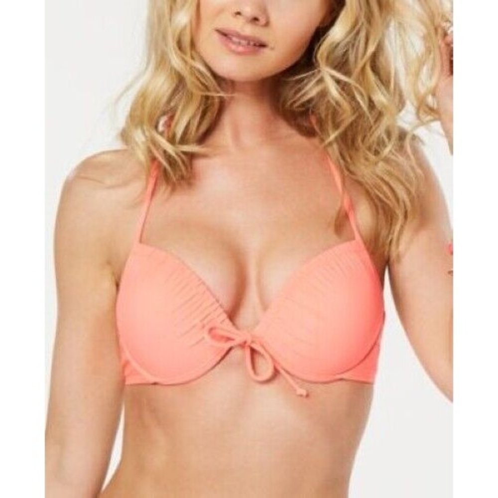 California Waves - Juniors Front-Tie Push Up Halter Bikini Top, Pink, Small, NWT
